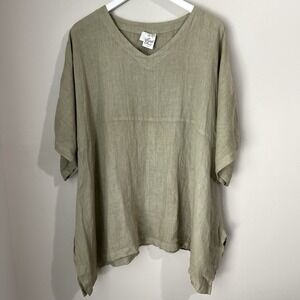 Match Point USA Tunic Womens Medium Green 100% Linen Oversized Top Sharkbite Hem